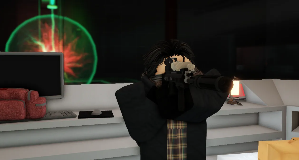 Player aiming a rifle inside a lab beside a glowing green containment sphere