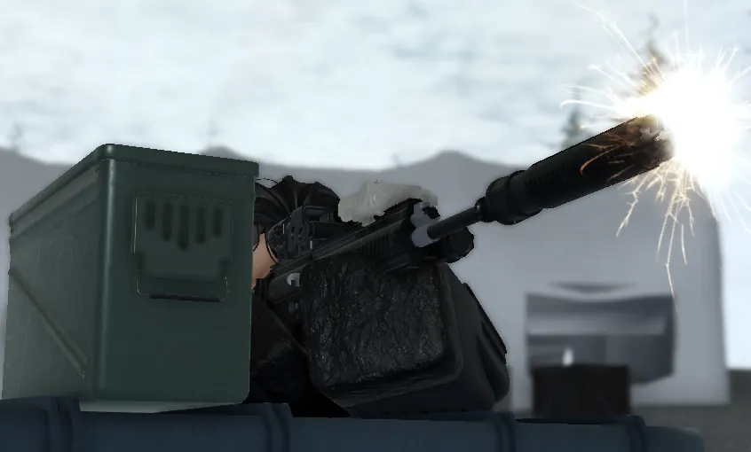Muzzle sparks from a suppressed rifle beside an ammo can